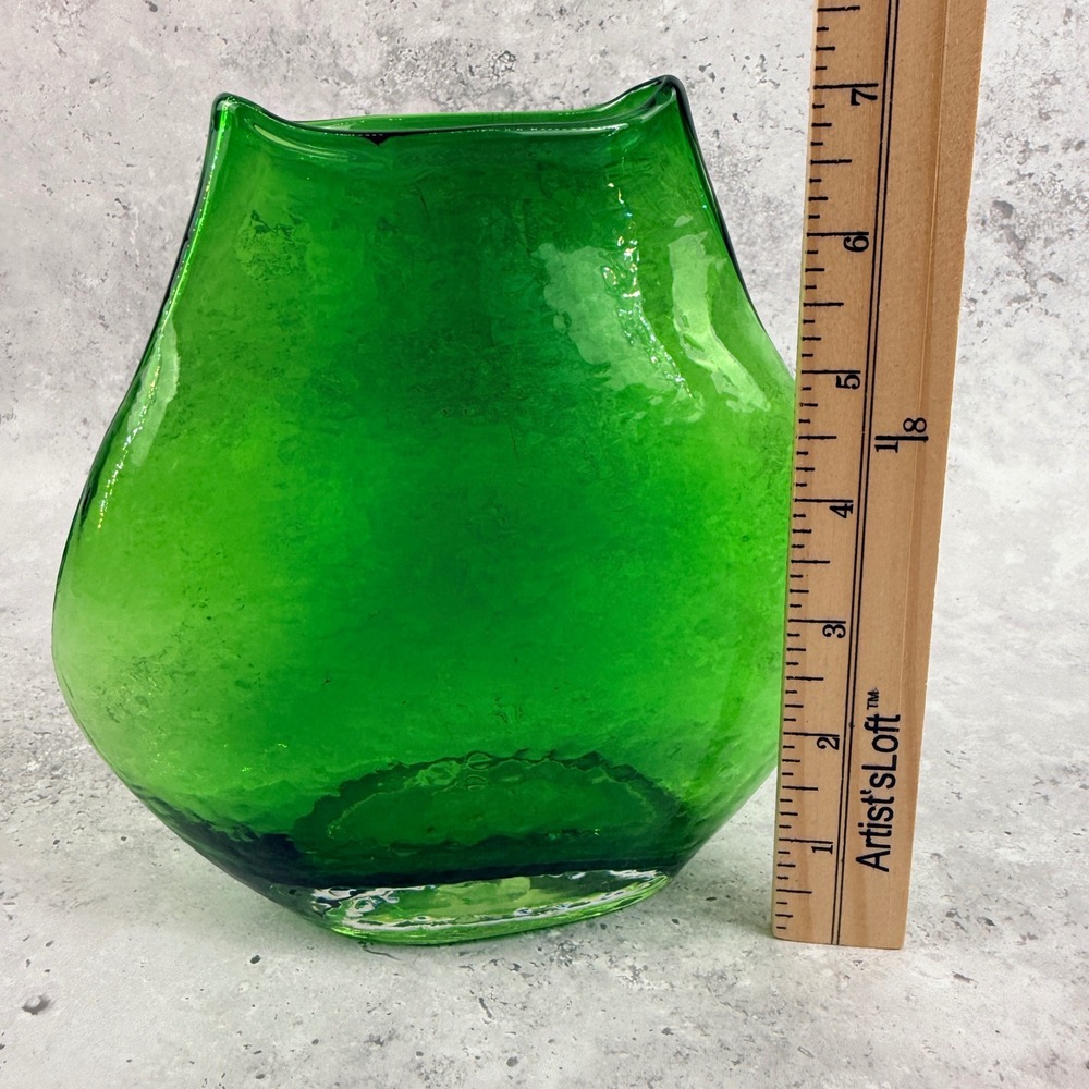Mid Century Green Glass Pillow Vase Large Textured Hand Blown MCM - Picture 7 of 8